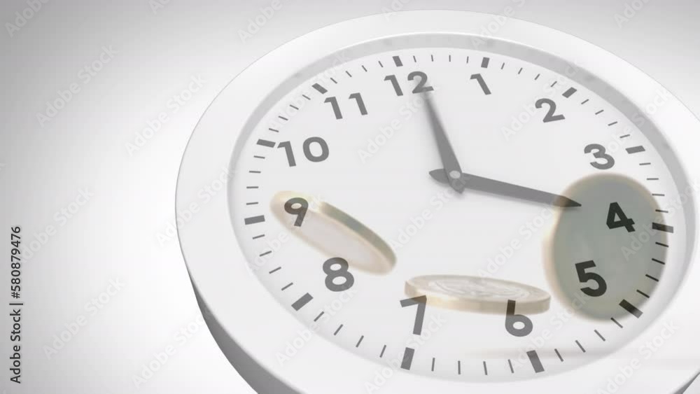 Animation of clock ticking over euro currency coins Animation of clock ticking over euro currency coins