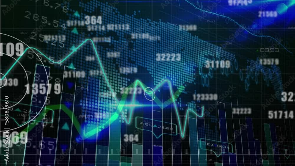 Animation of world map over financial data processing Animation of world map over financial data processing