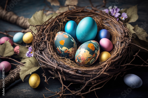 colorful easter nest with easter eggs, generative ai