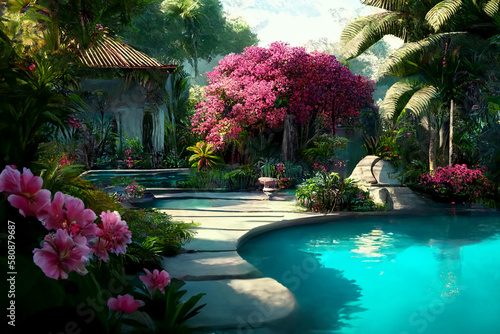 A luxury tropical resort pool in spring time. Concept illustration © Caseyjadew