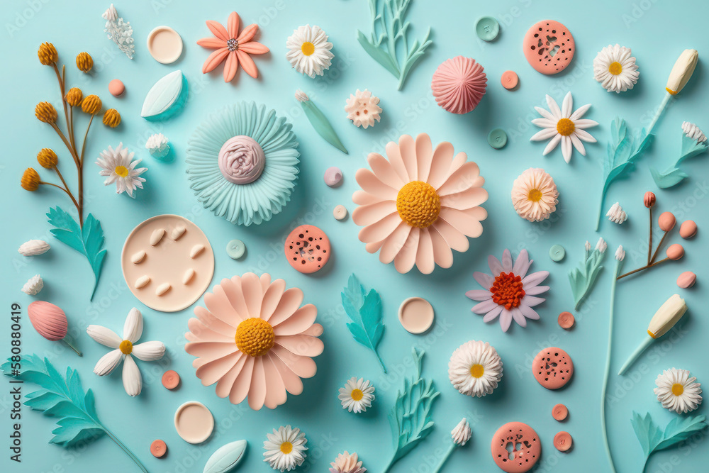 A cheerful and inviting pattern made of colorful flowers on a pastel blue background, perfect for creating a lively and upbeat ambiance. Whether you use it as a flat lay Generative AI