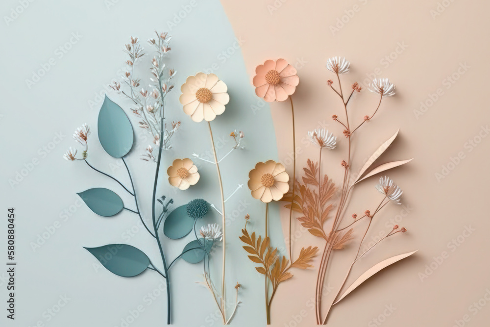 Bring the beauty of the outdoors into your design with this delightful flowers composition. Featuring a variety of vibrant colors and delicate petals against a serene blue bg Generative AI
