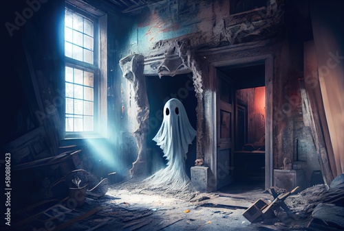 Spooky fabric ghost in the abandoned haunted house background. Halloween and horror concept. Generative AI