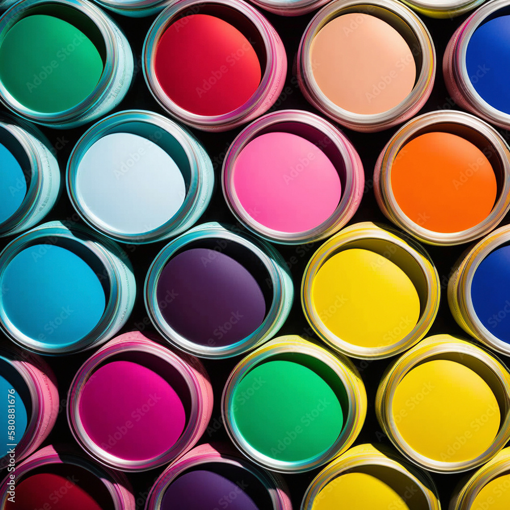 Rows of open different colors paint cans, top view. Generative AI Rows of open different colors paint cans, top view. Generative AI