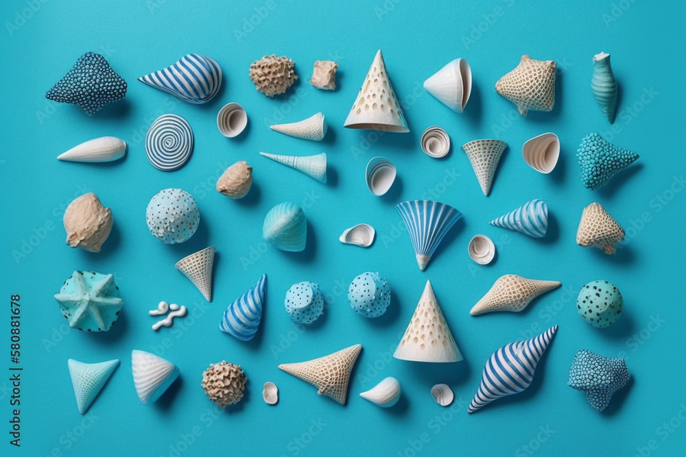 Different sea shells on the blue background. Generative AI