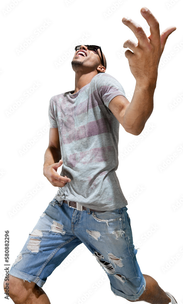 Awesome crazy fashion young man like rock guitar player isolated on background Awesome crazy fashion young man like rock guitar player isolated on background