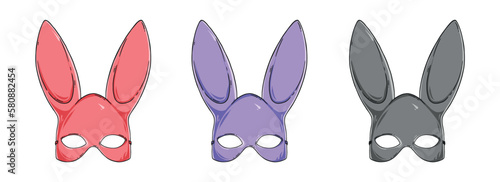 Vector set of colorful carnival female masks with rabbit ears. Happy Easter. Bunny costume. Pink, purple, black, gray mask. Doodle line art handdrawn illustration. Holiday icon. Concept of celebration