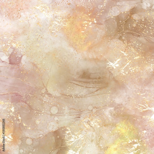 Brown neutral splash gold glitter marble ink background. Watercolour modern painting. Elegant ink background with glitter accents
