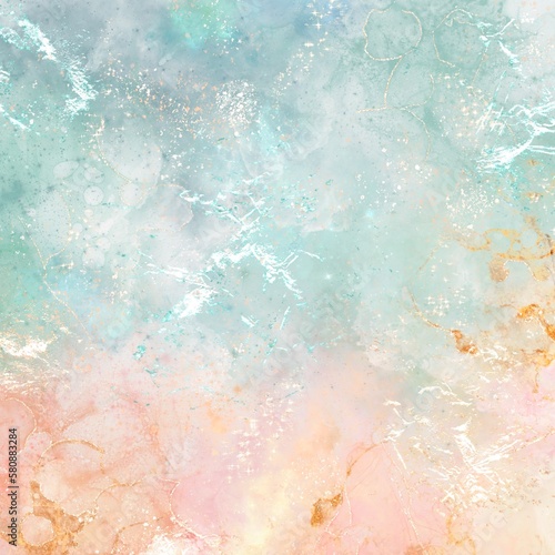 Ocean blue and gold abstract marble ink background with gold accents. Modern painting with glitter. 