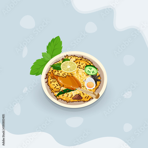 Creative Drawn Delicious Chicken Biryani On A Plate, Biryani Asian Food Illustrations, Creative Minimal Biryani Illustrations With Watercolor.
