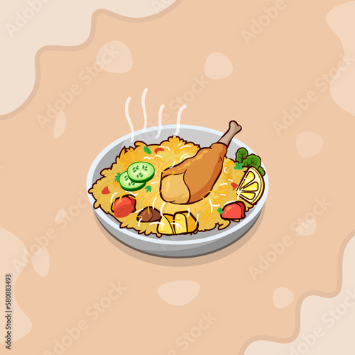 Drawn Delicious Chicken Biryani, And Asian Food Illustrations Vector With Hi-Quality Watercolor. Creative Minimal Biryani Illustrations With Watercolor