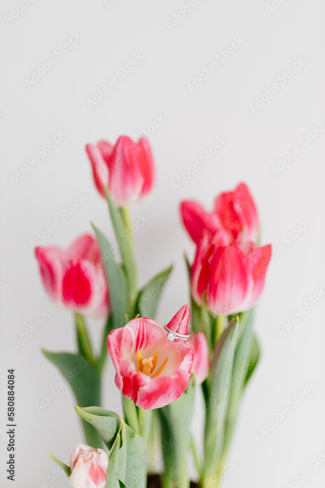 Pink tulips and engagement rings with diamonds on white background. Background for Valentine's Day. Gift for Mother's Day, international Women's Day, March 8th. Spring Mock ups. Space for text