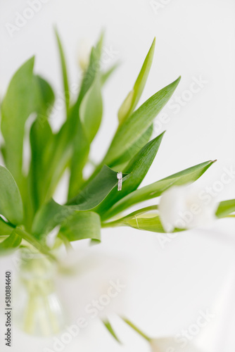 An engagement ring in white gold with a diamond lies in a bouquet of white tulips on white background. Gift for Women's Day, Valentine's Day. Beautiful spring background with green leaves. Mock up