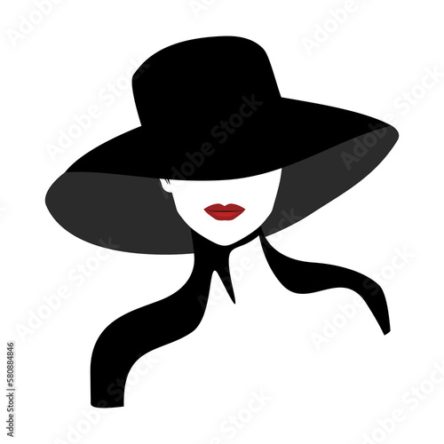 Portret pięknej kobiety w eleganckim kapeluszu z szerokim rondem w minimalistycznym stylu. Młoda dziewczyna z czerwonymi ustami. Ilustracja wektorowa High Fashion. photo