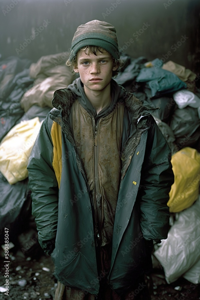 Poor boy standing under the rain in a dump station. Generative AI Vertical illustration Poor boy standing under the rain in a dump station. Generative AI Vertical illustration