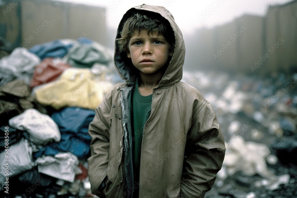 Little poor boy in the dump on a gray rainy day. Generative AI illustration Little poor boy in the dump on a gray rainy day. Generative AI illustration