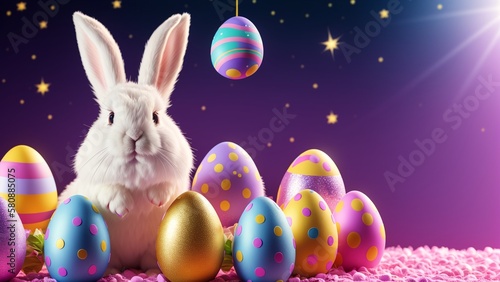 Cute Bunny Sitting with Colorful Easter Eggs Background AI Generative