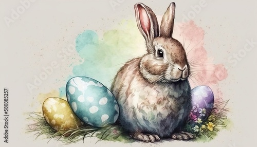  Watercolor Easter rabbit with decorated eggs among nature, plants and flowers. Easter bunny illustration. Cute easter bunnies. Easter and Holy Week. Generated by AI.