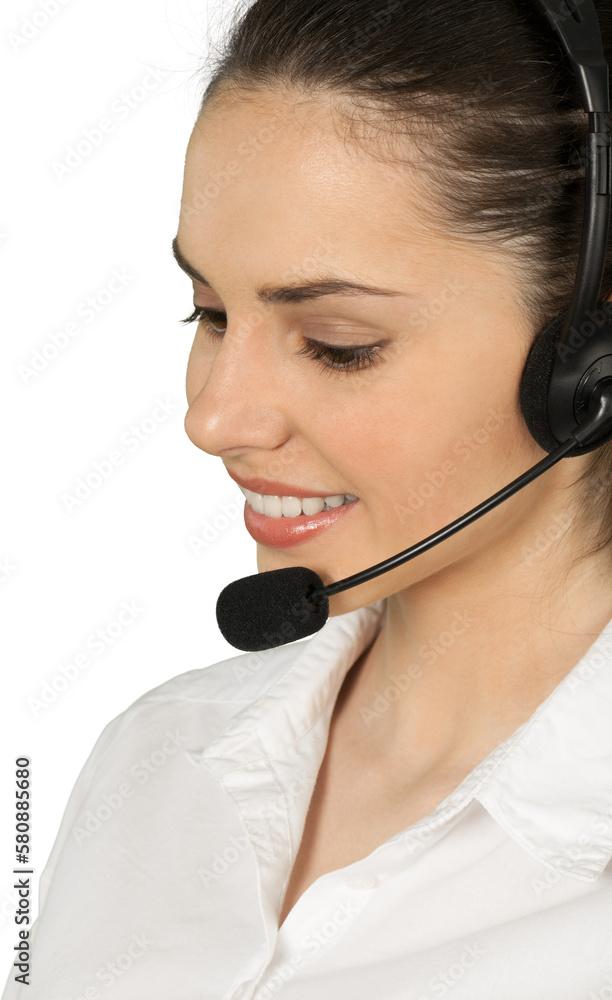 Friendly Woman Talking on Headset - Isolated