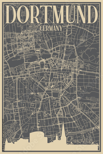 Grey hand-drawn framed poster of the downtown DORTMUND, GERMANY with highlighted vintage city skyline and lettering