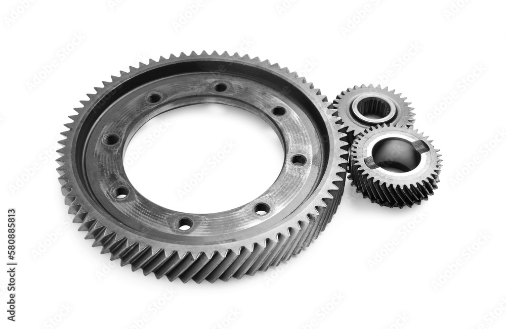 Different stainless steel gears on white background Different stainless steel gears on white background