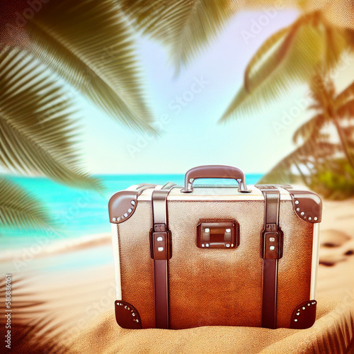 Travel Suitcase On Tropical Beach With Sunny Sea And Palm Leaves - Defocused Abstract Background © SKIMP Art