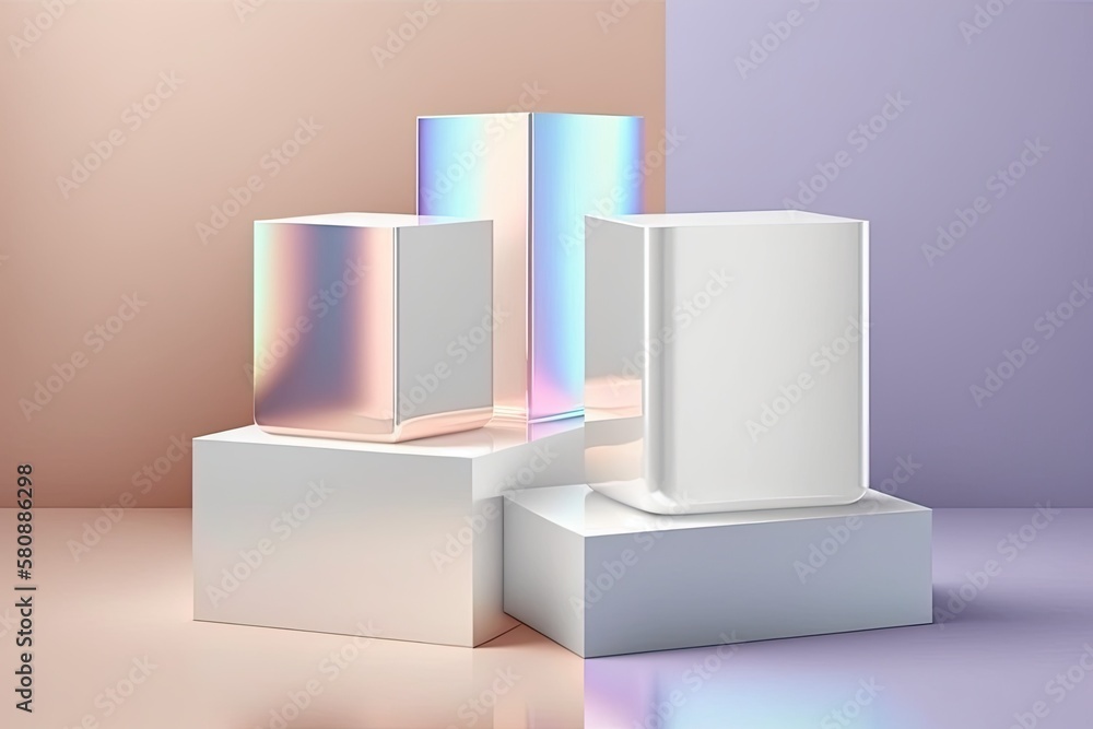 Abstract surreal image with four white podiums in the shape of ...