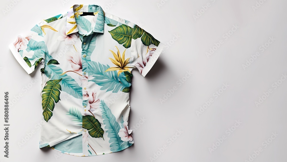 Hawaiian stamped summer shirt over white background with copy space. Generative AI illustration - obrazy, fototapety, plakaty 