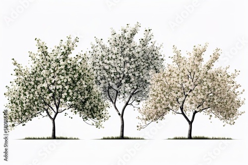 Flowered fruit trees painting illustration over white background. Generative AI illustration