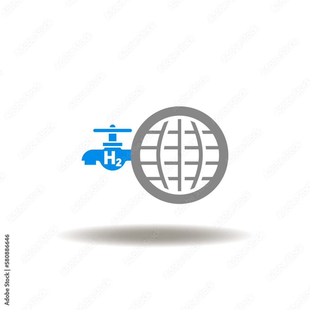 Vector illustration of earth planet and industry valve with H2 chemical abbreviation. Icon of hydrogen green renewable energy production. Vector illustration of earth planet and industry valve with H2 chemical abbreviation. Icon of hydrogen green renewable energy production.