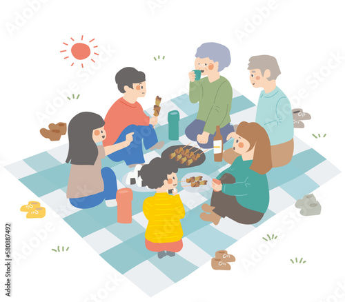 レジャーシートを広げてご飯を食べる家族のイラスト