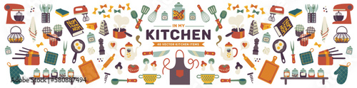 Vector illustration icons kitchen bundle element food, knife, jar, lifestyle photo