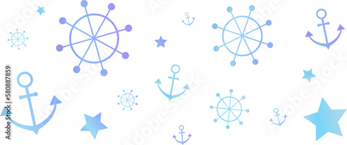 夏をイメージしたマリンモチーフのカラフルな壁紙　パターン　背景イラスト　ベクター素材　　舵、イカリ