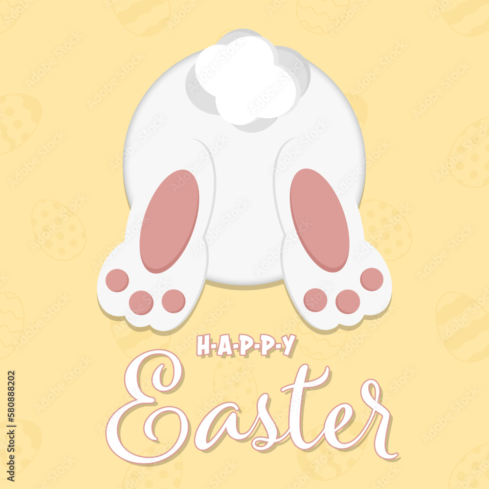 Happy Easter greeting card with cute easter bunny from back view and writing, isolated on White background. White easter bunny vector graphic illustration.