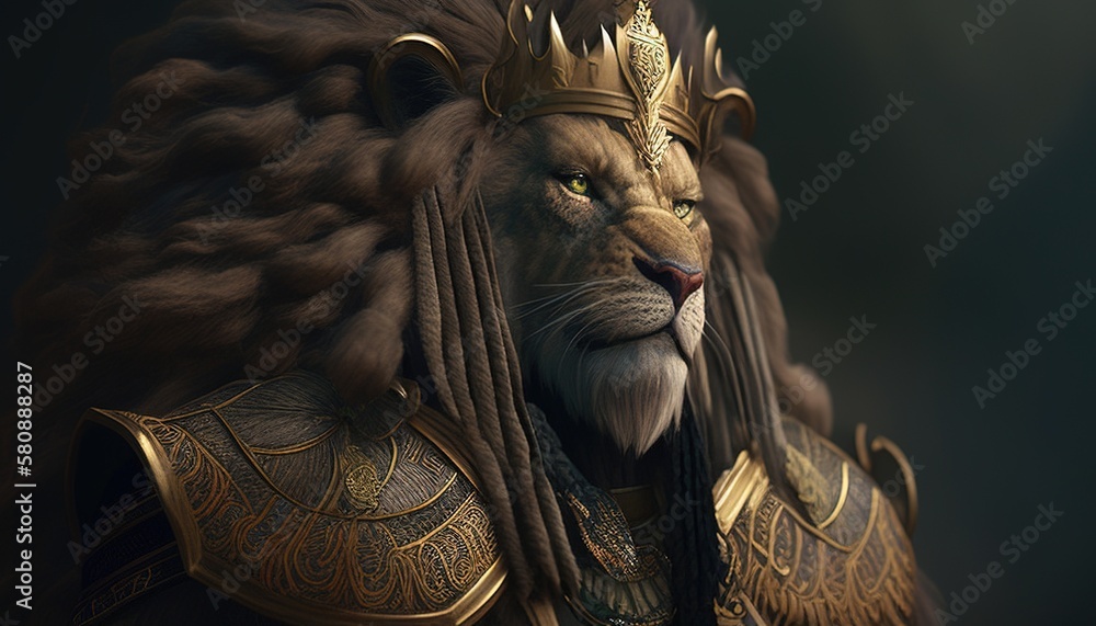 The lion is a majestic and regal beast, with a powerful roar and imposing stature that commands respect in the animal kingdom. digital art illustration, Generative AI
