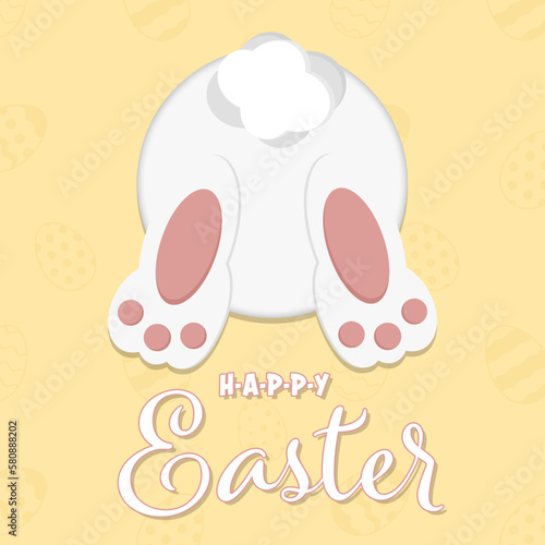 Obraz na płótnie Happy Easter greeting card with cute easter bunny from back view and writing, isolated on White background. White easter bunny vector graphic illustration. w salonie
