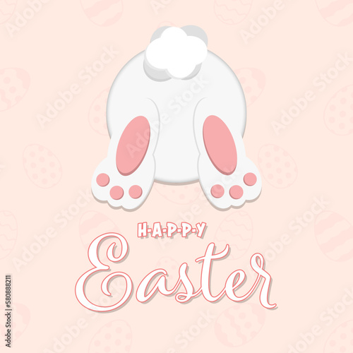 Happy Easter greeting card with cute easter bunny from back view and writing, isolated on White background. White easter bunny vector graphic illustration.
