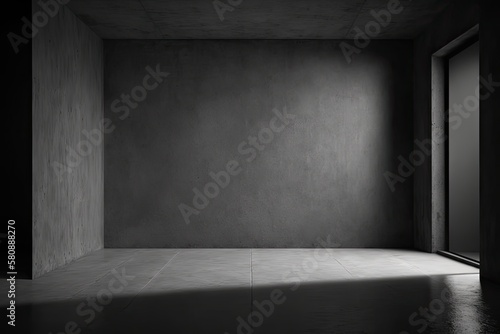 Cement wall and studio space with abstract black, dark, and gray patterns, interior texture for display products. the back wall. Generative AI