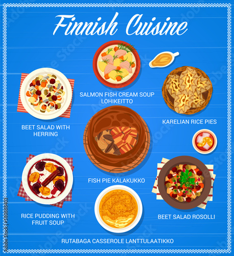 Finnish cuisine restaurant food menu. Cream soup Lohikeitto, salad Rosolli and rutabaga casserole Lanttulaatikko, beet salad with herring and pie Kalakukko, pudding with fruit soup, Karelian rice pies