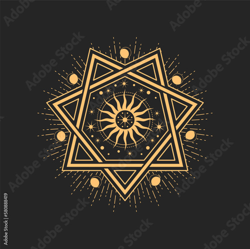 Esoteric and occult mason or tarot heptagram symbol. Vector septagram star with crescent moon and Sun inside. Astrological amulet, isolated tarot card sign spiritual magic talisman or wiccan emblem