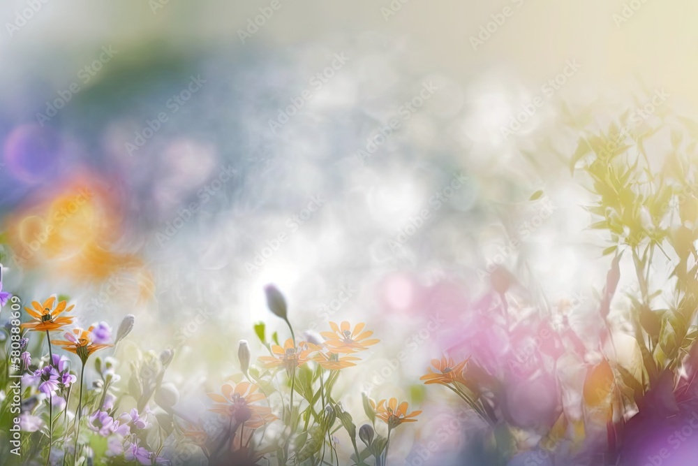 Close up of a springtime border background with flowers. Background of springtime abstract florals. Blurred nature background with blossoms, springtime flowers, and a bokeh background. Generative AI