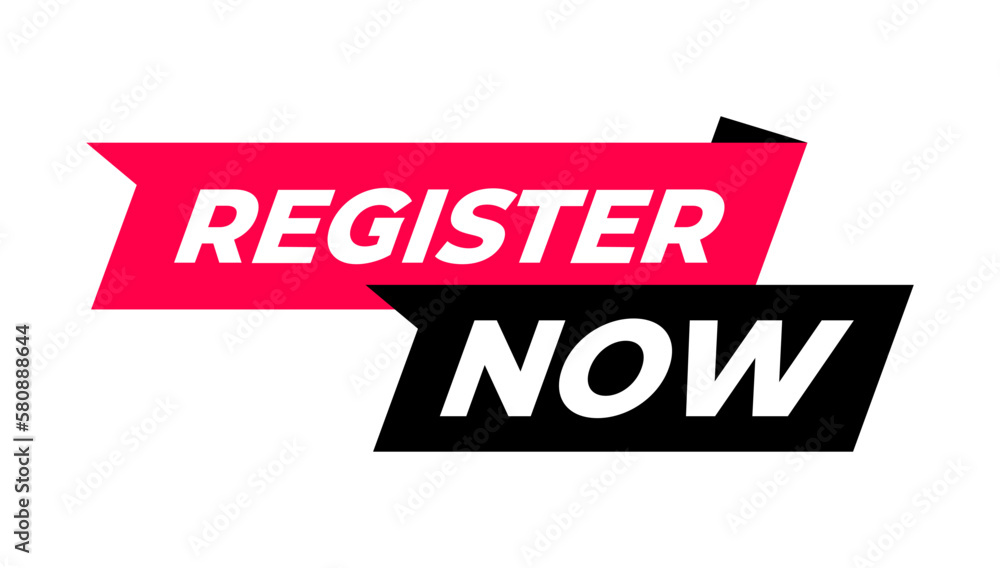 Register Now with Arrow and ribbon. Modern Design Template for Sign ...