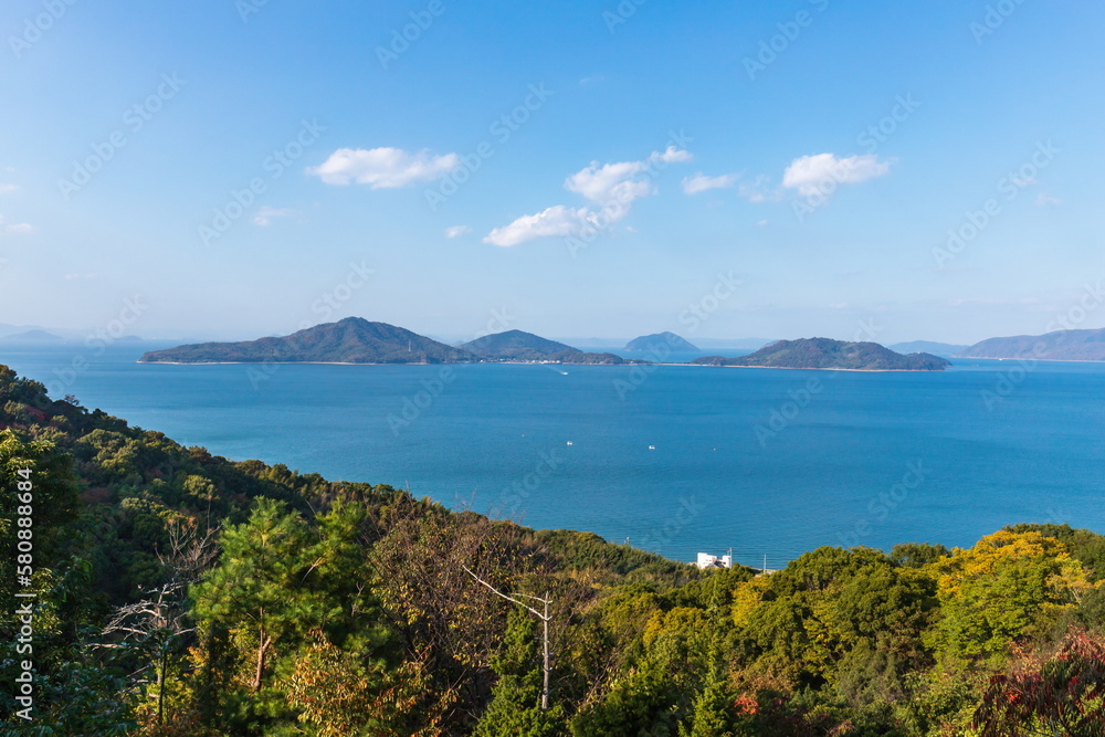Landscape of islands on the seto inland sea , view from Mt. bakuchi at shonai peninsula , mitoyo city, kagawa, shikoku, japan	
