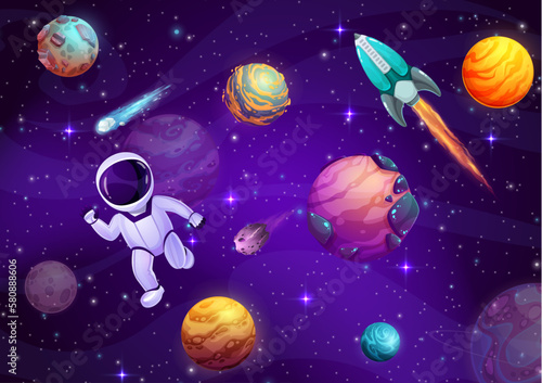 Cartoon astronaut in outer space. Starry galaxy, planets and rocket. Vector funny kid cosmonaut float in weightlessness with alien planets, spaceship engine, asteroids, comets and shining stars