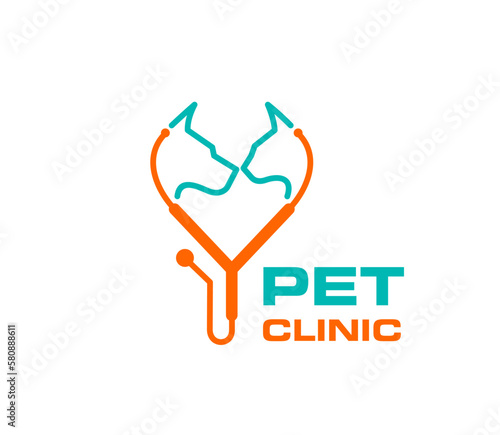 Pet clinic icon of dog and cat heads with veterinarian stethoscope. Veterinary medicine and animal care vector symbol for vet hospital, pet shop and medical center. Dog and cat isolated silhouettes