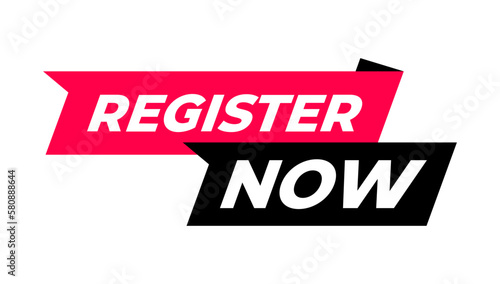Register Now with Arrow and ribbon. Modern Design Template for Sign, Icon, Logo, Web, Label, Banner, Registration, Join. Vector Illustration