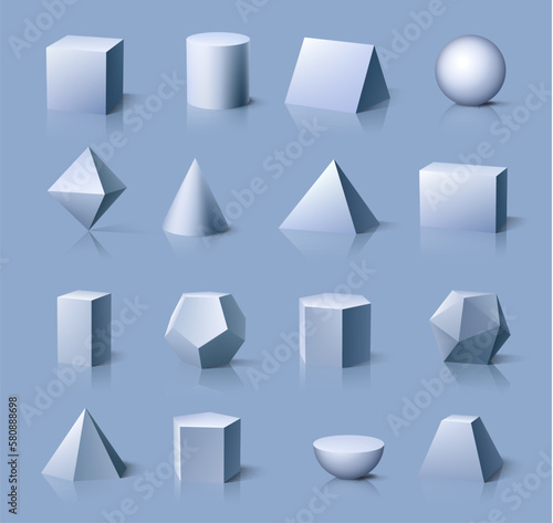 3D geometric shapes. Vector cube, cylinder and sphere, octahedron and cone, parallelepiped, square, hexagonal and pentagonal prisms, dodecahedron, icosahedron and hemisphere, truncated pyramid