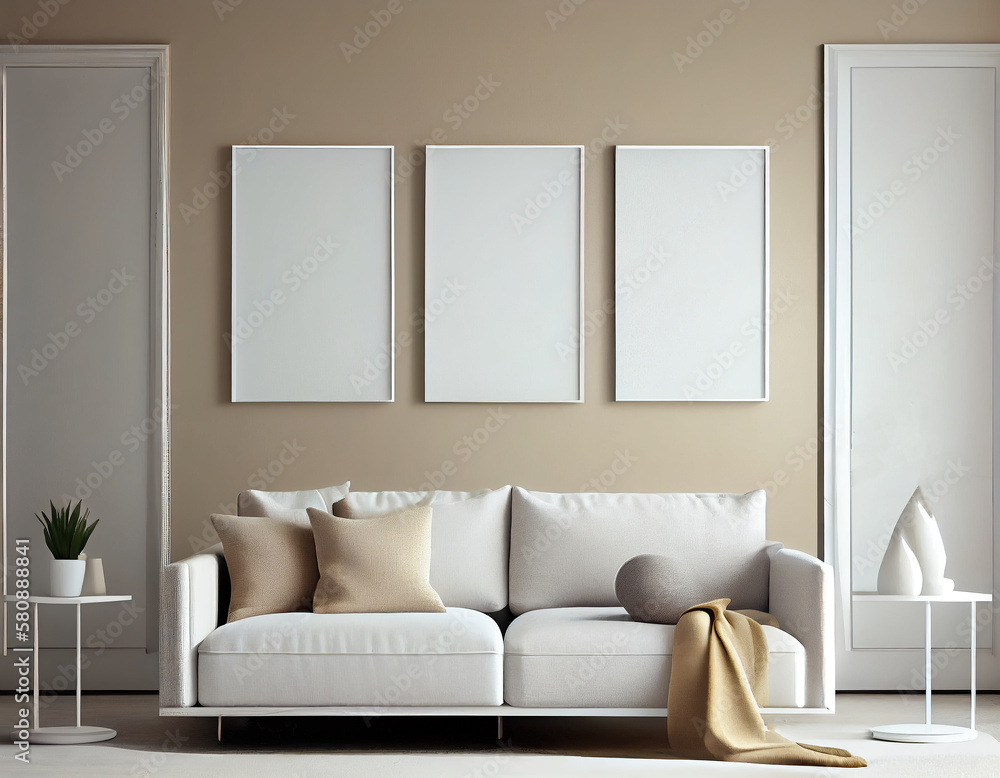 Mockup frames on beige wall in modern living room design with pastel colors, beige sofa, Three vertical templates for artwork, painting, photo. generative ai. Mockup frames on beige wall in modern living room design with pastel colors, beige sofa, Three vertical templates for artwork, painting, photo. generative ai.