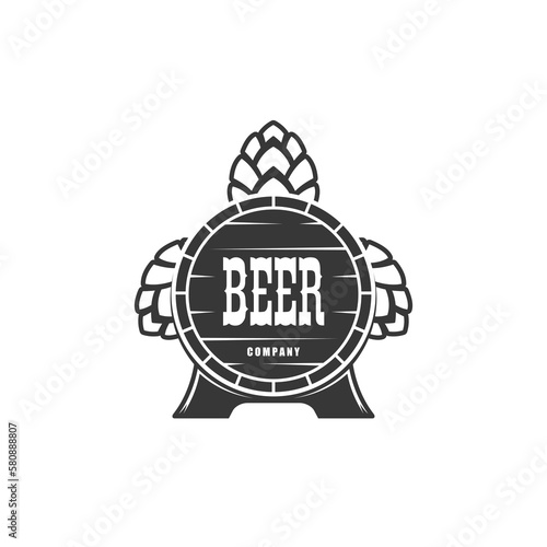 Beer brewery icon of vector wooden barrel and hops. Old wooden barrel, vintage oak cask, keg or tank of alcohol drink. Beer or ale beverage wood container with legs isolated monochrome symbol