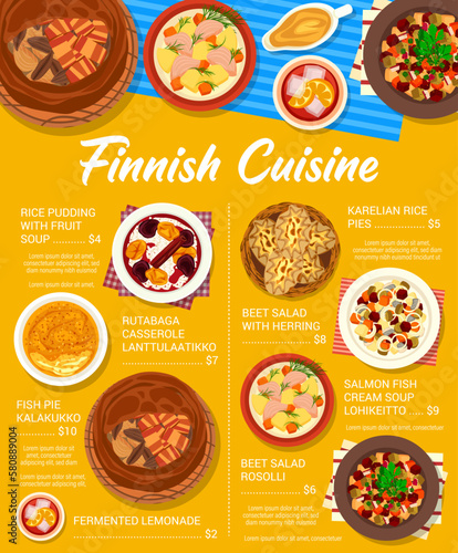 Finnish cuisine menu page design. Salmon soup Lohikeitto, Karelian pies and beet salad with herring, pie Kalakukko, rice pudding with fruit soup and rutabaga casserole Lanttulaatikko, salad Rosolli,